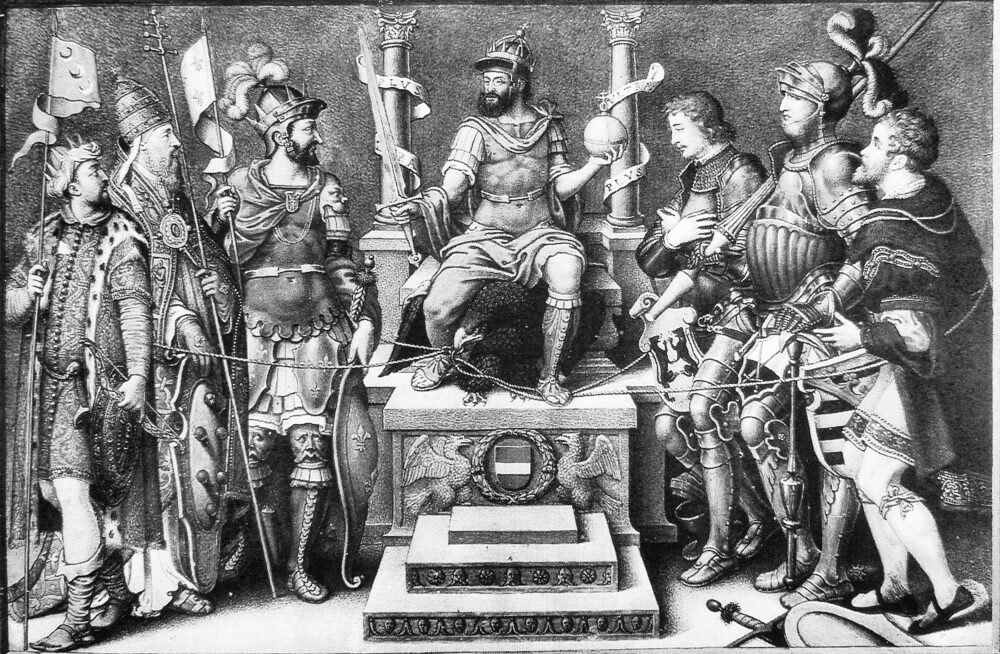 English: Charles V enthroned over his defeated enemies (from left to right): Sultan Suleiman, Pope Clement VII, Francis I, the Duke of Cleves, the Duke of Saxony and the Landgrave of Hesse.